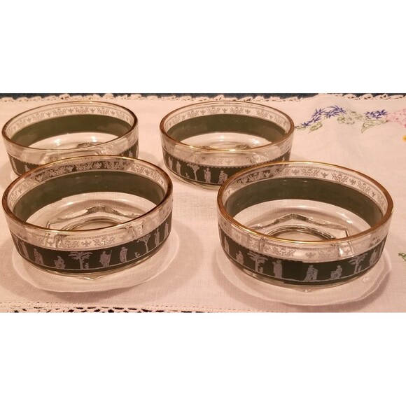 Vintage Jeannette Glass Green Hellenic Grecian Motif Fruit / Salad Bowl set of 4 - Picture 4 of 11